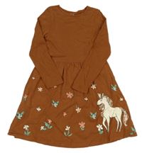 Hnědé šaty s jednorožcem a kytičkami C&A