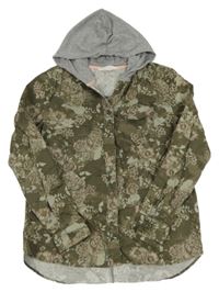 Khaki plátěná košilová bunda s růžemi a kapucí H&M