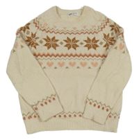 Svělebéžový žinylkový svetr s vločkami a srdíčky a vzorem H&M