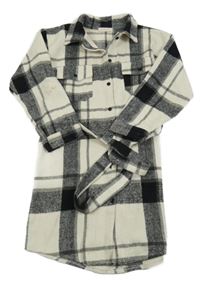 Bílo-černá kostkovaný flaušový košilový kabát s páskem