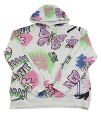 Smetanová skvrnitá mikna s motýlky a květy a graffiti nápisy a kapucí PRIMARK