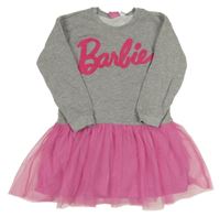 Šedo-růžové teplákovo/tylové šaty s logem Barbie