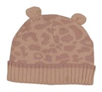 Světlerůžovo-starorůžová vzorovaná pletená čepice s oušky 