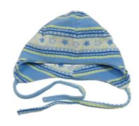 Modro-bílo-limetková vzorovaná fleecová zateplená zavazovací čepice s puntíky a srdíčky Ergee