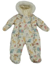 Smetanová prošívaná šusťáková zimní kombinéza se zvířátky a volánky a kapucí s kožešinou George