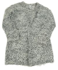 Černo-bílý melírovaný chlupatý svetrový cardigan C&A