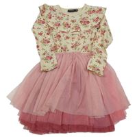 Smetanové šaty s růžemi a růžovým tylem a volánkem ROCKYOURKID