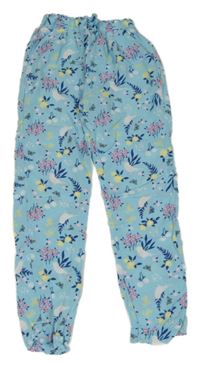 Světlemodré paper bag lehké kalhoty s kytičkami a ptáčky a motýlky INFINITY KIDS