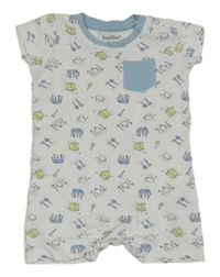 Bílo-světlemodrý kraťasový overal se zahradnickými obrázky a kapsou lupilu