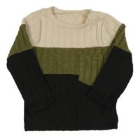 Smetanovo-khaki-černá žebrovaná úpletová mikina s kapsou 