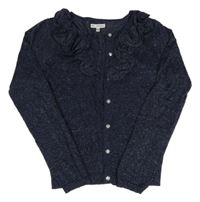 Tmavomodro-stříbrný melírovaný propínací svetr s volánky M&S