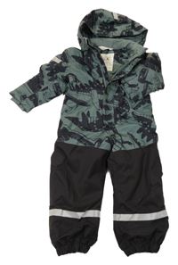 Khaki-černá šusťáková zimní kombinéza s dinosaury a odepínací kapucí H&M