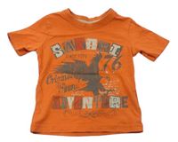 Oranžové tričko s nápisy a ptáčkem Matalan
