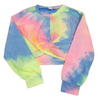 Neonově růžovo-žluto-modrá batikovaná lehká crop mikina Shein