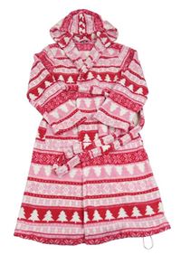 Růžovo-červeno-bílý vzorovaný chlupatý župan s kapucí
