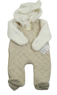 Nové - Béžovo-bílá teplákovo/chlupatá zateplená kombinéza s kapucí