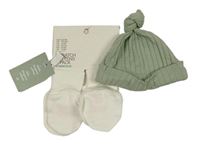 3set - Světlezelená žebrovaná čepice + 2x bílé rukavičky