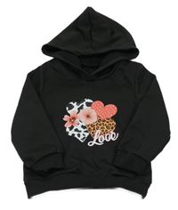 Černá mikina se srdíčky a kapucí Shein