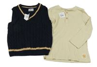 Nové - 2set - Tmavomodrá svetrová vesta + béžové žebrované triko s knoflíky Pep&Co
