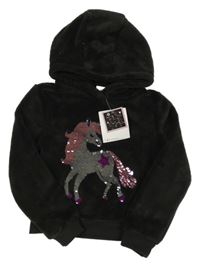Nové - Černá chlupatá mikina s jednorožcem z překlápěcích flitrů a kapucí Kiki&Koko