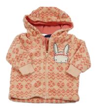 Korálová vzorovaná chlupatá propínací mikina s králíkem a kapucí Lupilu