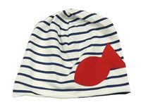 Bílo-tmavomodrá pruhovaná čepice s rybkou