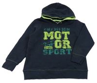 Tmavomodrá mikina s nápisem a kapucí