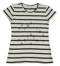 Bílo-tmavomodré pruhované tričko s nápisem a kamínky