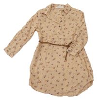 Světlehnědé květované lehké košilové šaty s páskem H&M