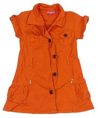 Oranžové plátěné propínací šaty s kapsami a límečkem 