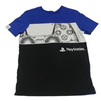 Modro-černo-bílé tričko s nápisem - PlayStation George