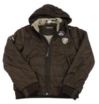 Hnědá šusťáková zateplená jezdecká bunda s logem a kapucí Fouganza