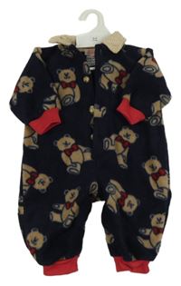Nové - tmavomodrý fleecový overal s medvědy a manšestrovým límečkem 