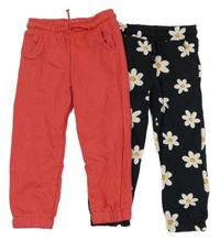 Nové - 2x tepláky - tmavomodré květované + červené F&F