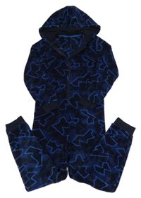 Tmavomodrá vzorovaná plyšová kombinéza s kapucí 