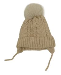 Světlebéžová vzorovaná pletená podšitá čepice s bambulí 