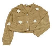 Hnědý perforovaný propínací crop svetr s květinami Shein