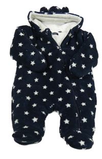 Tmavomodrá chlupatá zateplená kombinéza s hvězdičkami a kapucí 