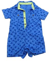 Modrý lněný kraťasový košilový overal s palmami Matalan