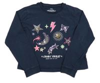 Tmavomodré triko s obrázky z flitrů a nápisem M&S