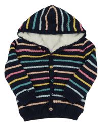 Tmavomodro-barevný pruhovaný propínací zateplený svetr s kapucí George