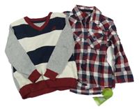 Nové - 2set - Tmavomodro-vínovo-bílá kostkovaná košile + pruhovaný svetr Rebel