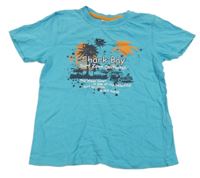 Světlemodré tričko s palmami a nápisy 