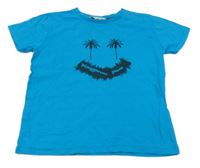 Modré tričko s palmami a nápisem