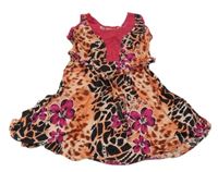 Lososovo-černo-fuchsiové vzorované šaty s květy