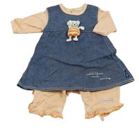 Oranžovo-bílý pruhovaný overal s našitými riflovými šaty s 3D kočičkou zn.