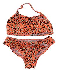 Neonově oranžové 2-dílné plavky s leopardím vzorem 