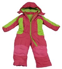Růžovo-neonově zelená šusťáková zimní kombinéza s proužky a kapucí Liegelind