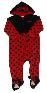 Červeno-černá puntíkatá sametová kombinéza s kapucí - Minnie Disney