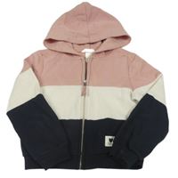 Růžovo-bílo-tmavomodrá propínací crop mikina s kapucí zn. H&M